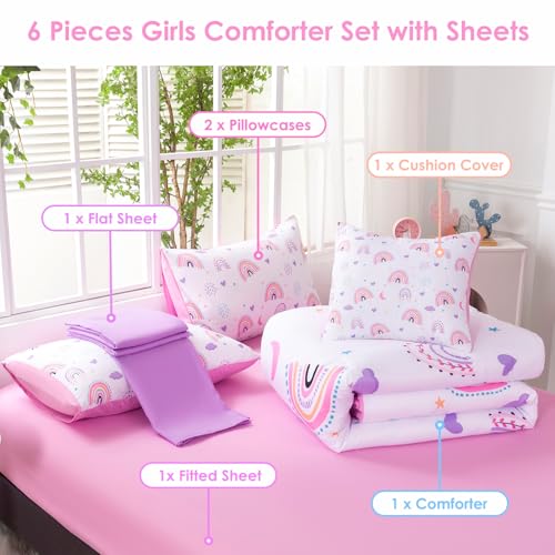 Image of 6 Pcs Girls Queen Bedding Comforter Set, Pink Purple Rainbow Bed in A Bag with Sheets, Moon Herat Print Teen Girl Bed Sets for Bedroom (Rainbow, Queen)
