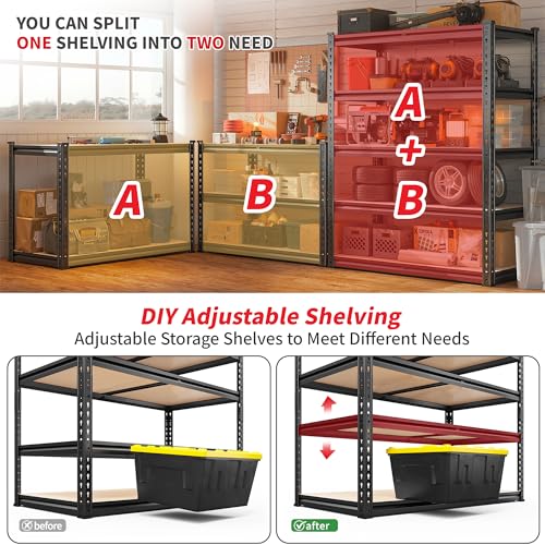 Image of REIBII 2400LBS Garage Shelving 5 Tier Storage Shelves Heavy Duty, Adjustable Metal Shelving Unit,Garage Shelves for Basement,Warehouse,Pantry,Closet,Kitchen 72 inch H x 36 inch W x 16 inch D,2 Pack | Heavy Duty