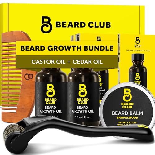 The Beard Club Enhanced Beard Growth Kit - Derma Roller, Beard Growth Oil (2PK), Sandalwood Beard Balm, Comb - Gift Set
