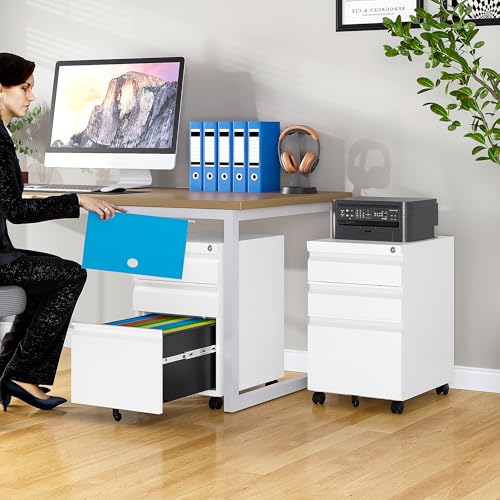 Image of 3 Drawer File Cabinet with Lock,Under Desk File Cabinet with Wheels,White Rolling Filing Cabinets,Three Drawer Metal Filing Cabinet for Home Office,Fit A4 /Letter /Legal File,- Assembly Required