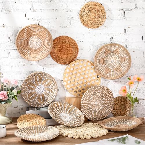 Nuenen 14 Pcs Boho Wall Basket Decor, Decorative Hanging Woven Basket Wall Decor Rustic Round Handmade Placemats for Farmhouse Living Rooms Bedrooms Table Kitchen Home Display(White Color) by Nuenen - Image 4