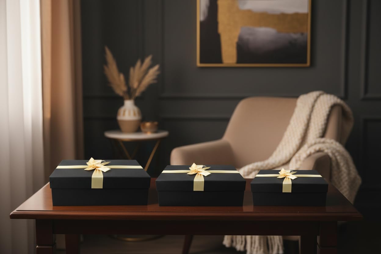 Emartbuy Set di 3 scatole regalo in carta nera e nera, misura grande, media, piccola | Scatola regalo rigida in cartone di lusso con nastro, confezione premium per cesti, compleanni, matrimoni, regali aziendali
