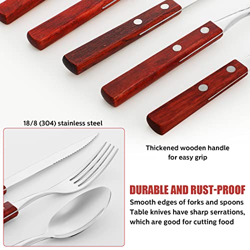 Sieral 40 Pcs Wooden Silverware Cutlery Set Red Walnut Handle 18/8 (304) Stainless Steel Cutlery Set Wooden Knife Fork Spoon Reusable Utensils Serves For 8 #TOP3