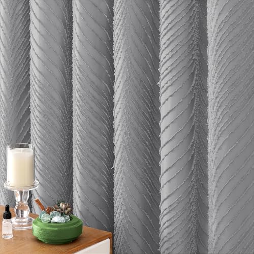 BTTN Grey/Gray Boho Tufted Leaves Textured Striped Shower Curtain, 72x78 by BTTN - Used condition - Image 7