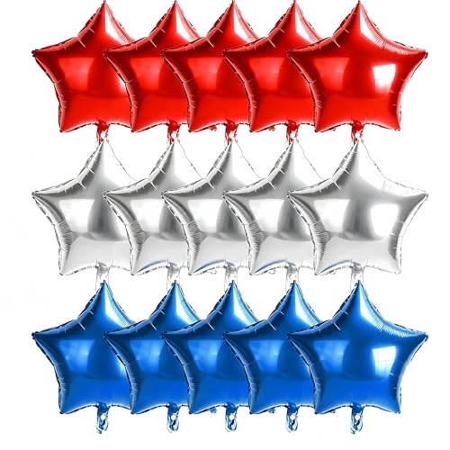 Red White and Blue Star Balloons 15pcs 18Inch 4th of July Balloons Fourth of July Patriotic Balloon Metallic Star Shape Foil Balloon for 4th of July Memorial Day Patriotic Independence Day Party Decor
