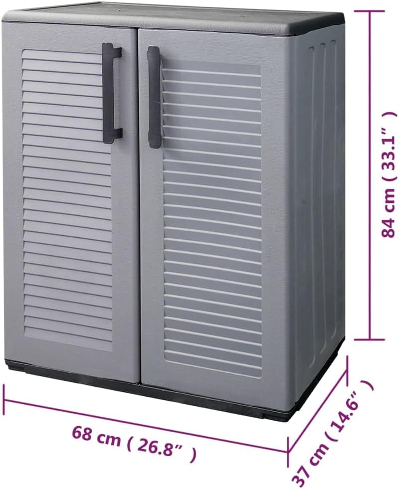 Garden Storage Cabinet Gray and Black 26.8"x14.6"x33.1" Durable PP Vertical Locker with Adjustable Shelves Compact Patio Storage Cupboard for Home and Office Use