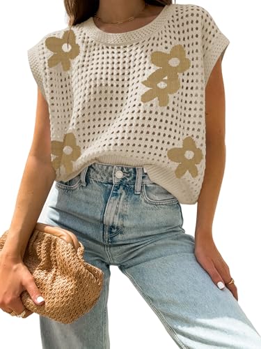 Image of Womens Summer Crochet Tops Hollow Out Cap Sleeve Cover Up Tank Top Pullover Sweater Vest Beach Vacation Clothes