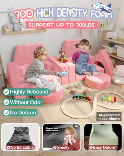 Image of YEFU 15pcs Modular Kids Play Couch, Kids Couch for Toddler & Children, Toddler couches, Kid Couches Fort Building kit for Playroom Furniture, Kid Play Couches, Convertible Sofa for Boys & Girls, Pink
