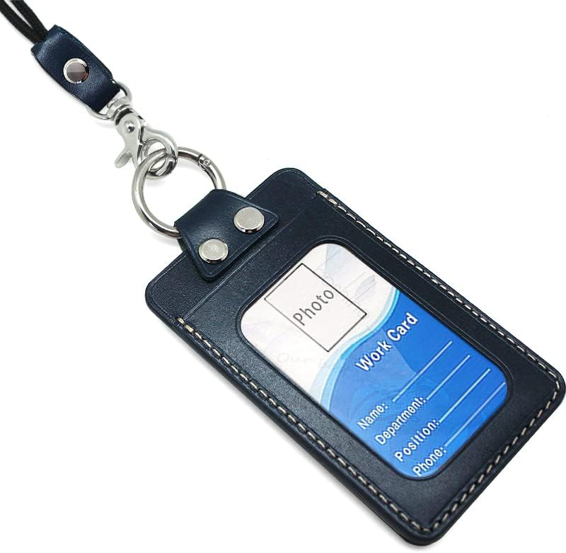 Miniatura 6 de Portatarjetas boshiho de cuero de grano completo con cordón de cuello de 19 pulgadas, estilo vertical (azul)