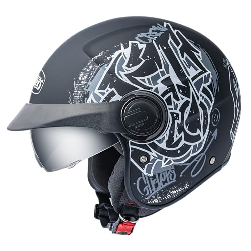 Image of Gliders Jet Trio D3 ISI Certified Open Face Graphic Helmet with Peak and Clear Visor (Matt Black with Black, L)