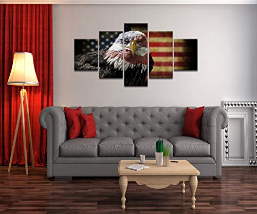 Retro American Flag Canvas Wall Art Eagle Usa Flag Pictures Military Painting 5 Panels Patriotic Posters Prints Wooden Artwork Home Decorations For Living Room Bedroom Office Framed (60''W X 32''H) #TOP2