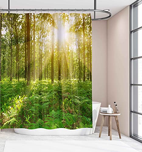 D&M Trees Shower Curtain Nature Sunshine Forest Bath Curtain Spring Sunlight Green Leaves For Bathroom Bathtub Home Decor Landscape 3D Scenery Polyester Waterproof 72"X72" With 12 Plastic Shower Hooks #TOP2