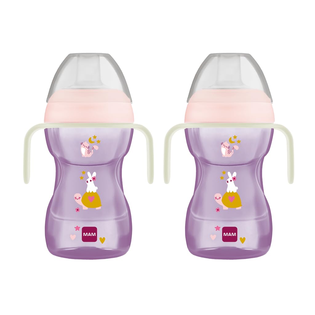 MAM 9.5oz Fun to Drink Cup, 8+ Months, Spill Proof Baby Training Cup with Glow in The Dark Handles, Soft Silicone Spout, BPA Free, Bottle to Cup Transition, Dishwasher Safe, 2 PkMade in Europe