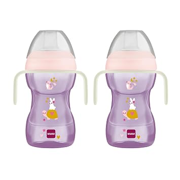 MAM 9.5oz Fun to Drink Cup, 8+ Months, Spill Proof Baby Training Cup with Glow in The Dark Handles, Soft Silicone Spout, BPA Free, Bottle to Cup Transition, Dishwasher Safe, 2 PkMade in Europe