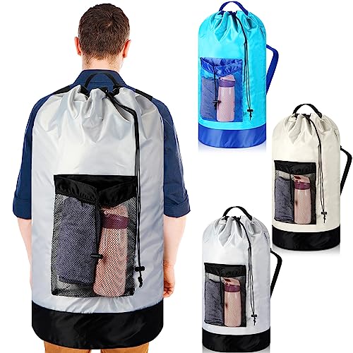 Sweetude 3 Pcs Large Laundry Backpack Bag for College, Travel, Apartment with Shoulder Straps and Mesh Pocket Heavy Duty Laundry Bag Dorm Hamper with Drawstring (Blue, Khaki, Gray)