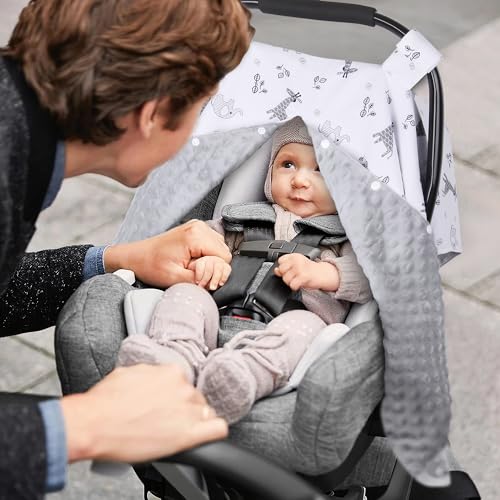 Metplus 2 in 1 Baby Car Seat Cover, Car Seat Canopy for Babies, Mom Nursing Cover, Minky Baby Carrier Covers, Newborn Boy Girl Shower Gift, Elephant Giraffe