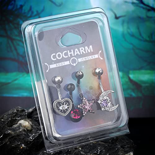 Cocharm 4Pcs Black Pink Belly Button Rings Black Skull Moon Belly Piercing Heart Belly Rings 14G Goth Belly Button Rings Black Gothic Belly Navel Rings #TOP5