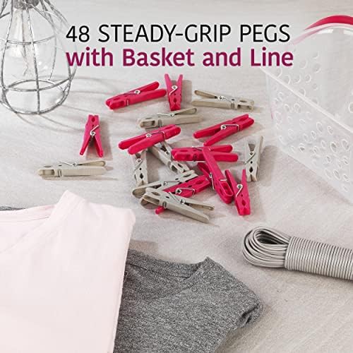 Kleeneze KL066619EU 20 Metre Washing Line with 48 Steady-Grip Clothes Pegs & Storage Basket, Indoor/Outdoor Use, Rust & Moisture Resistant, Durable Plastic, Grey/Pink