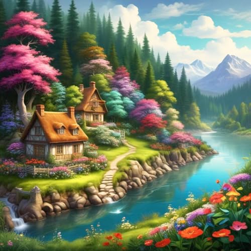 Full Square Landscape Diamond Art Kits For Adults, Large 5D DIY Fantasy Diamonds Art Sets for New Beginners Colorful Mountains Cottage River Picture Paint By Numbers Art Craft Home Decor 16x16in