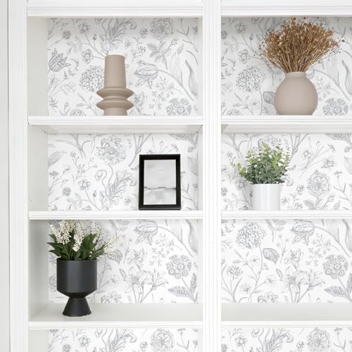 VEELIKE Light Grey Sketch Floral Wallpaper Peel and Stick Toile Wallpaper for Bathroom Bedroom 17.7''x354'' Removable Self Adhesive Botanical Wall Covering for Renters Home Decor Cabinet DIY Furniture - 5