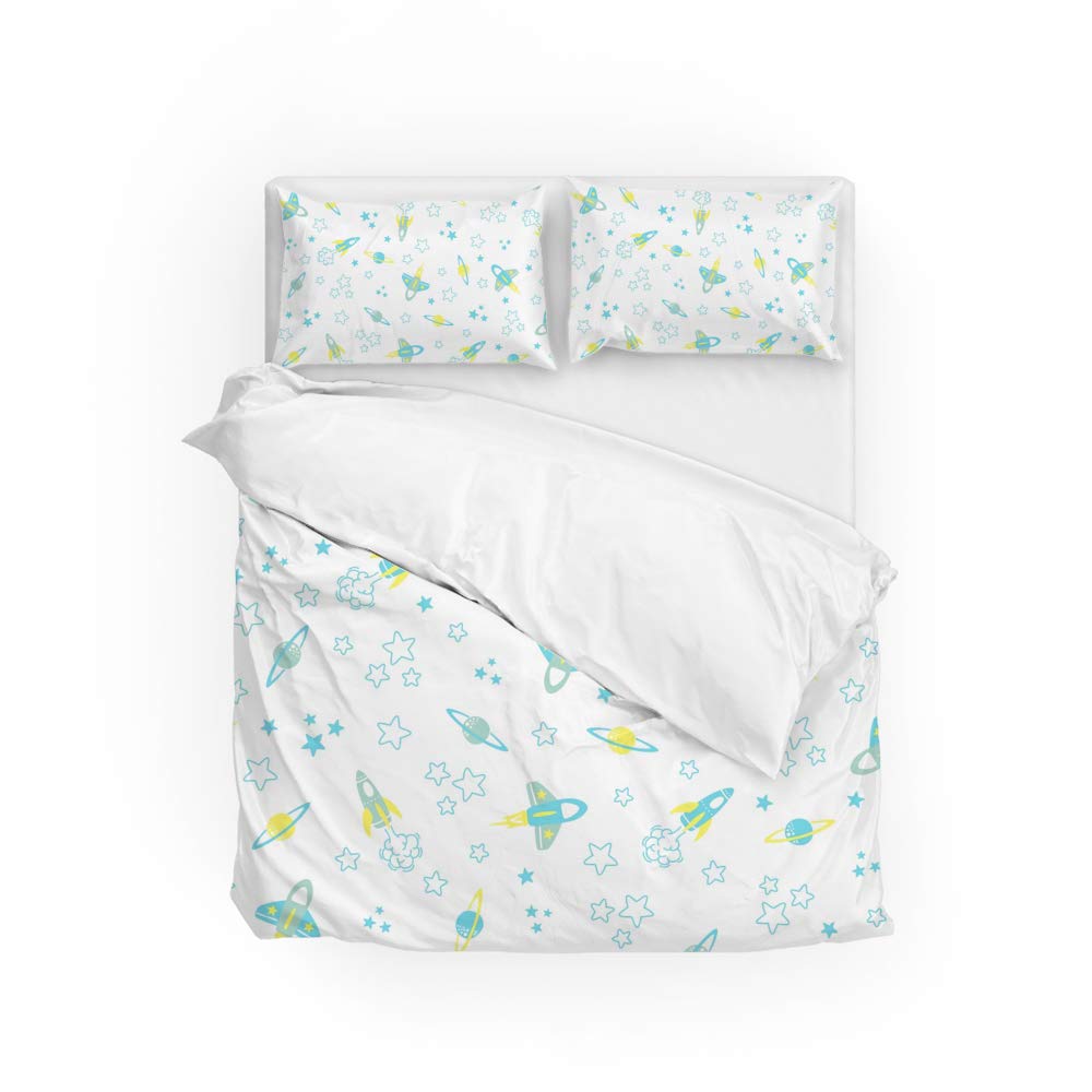 Housse de couette espace blanche pour lit double avec ses taies d'oreiller unies en polyester