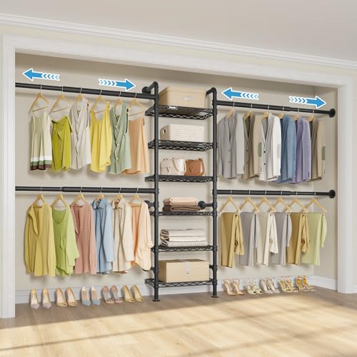 Timate S3X Medium Expandable Wall Mounted Clothes Rack with 6 Adjustable Shelves & 4 Expandable Hanger Rods, Heavy Duty Industrial Pipe Clothing Rack for Hanging Clothes, Fits Spaces 5'3"- 8', Black