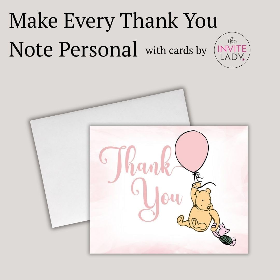 The Invite Lady Pooh Bear Baby Shower Thank You Cards Pink Classic Winnie Balloon Notes With Envelopes (24 Count) (Pink)