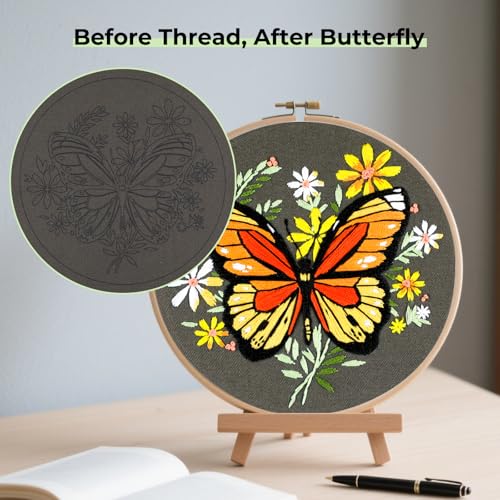 Image of HTVRONT Embroidery Kit for Beginners, Butterfly Embroidery Kits with Step-by-Step Video Tutorials, Simple 6 Stitches Beginner Embroidery Kit for Adult Crafts