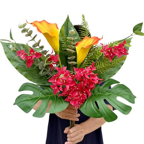 wardbum Artificial Tropical Bouquet Calla Lily Bougainvillea Flowers with Monstera Alocasia Fern Eucalyptus Greenery Stems for Home Office Hotel Table Vase Centerpieces Decor (Mixed Tropical Color)