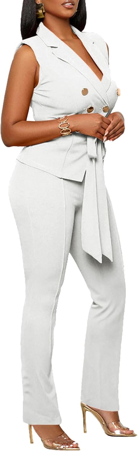 Blazer Pants Suits for Women Dressy Sleeveless Vest with Belt Wide Leg Pants 2 Piece Outfits Business Set Casual Suiting