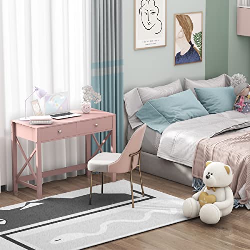 Edmaxwell Home Office Desk With Drawers, Modern Writing Computer Desk For Bedroom, Small Pink Makeup Vanity Table Desk For Girls, Study Table For Home Office #TOP6