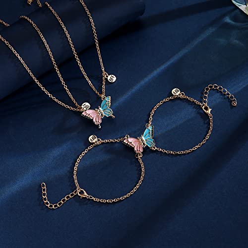 Gothapy Bff Matching Butterfly Necklace Bracelet Set Friendship Cute Enamel Butterfly Pendent Gold Plated Stainless Steel Chain Necklace Set For Women Girls Best Friend Gift #TOP1