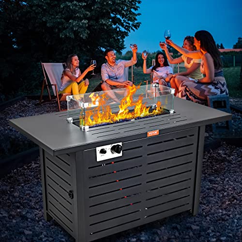 Vevor Gas Fire Pit Table, 43 In 50000 Btu, Propane Outdoor Wicker Patio Fire Pits With Carbon Steel Tabletop, Lava Rock, Glass Wind Guard, Cover, Add Warmth To Gathering On Garden Backyard, Csa Listed #TOP7