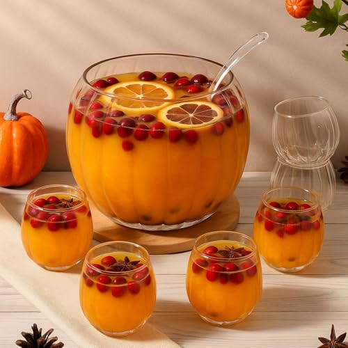 LemonRoad Glass Fall Pumpkin Punch Bowl Set 1 Large Punch Bowl 6 Cups 1 Ladle for Autumn Thanksgiving Halloween Party Holiday School Centerpiece Table Decorations