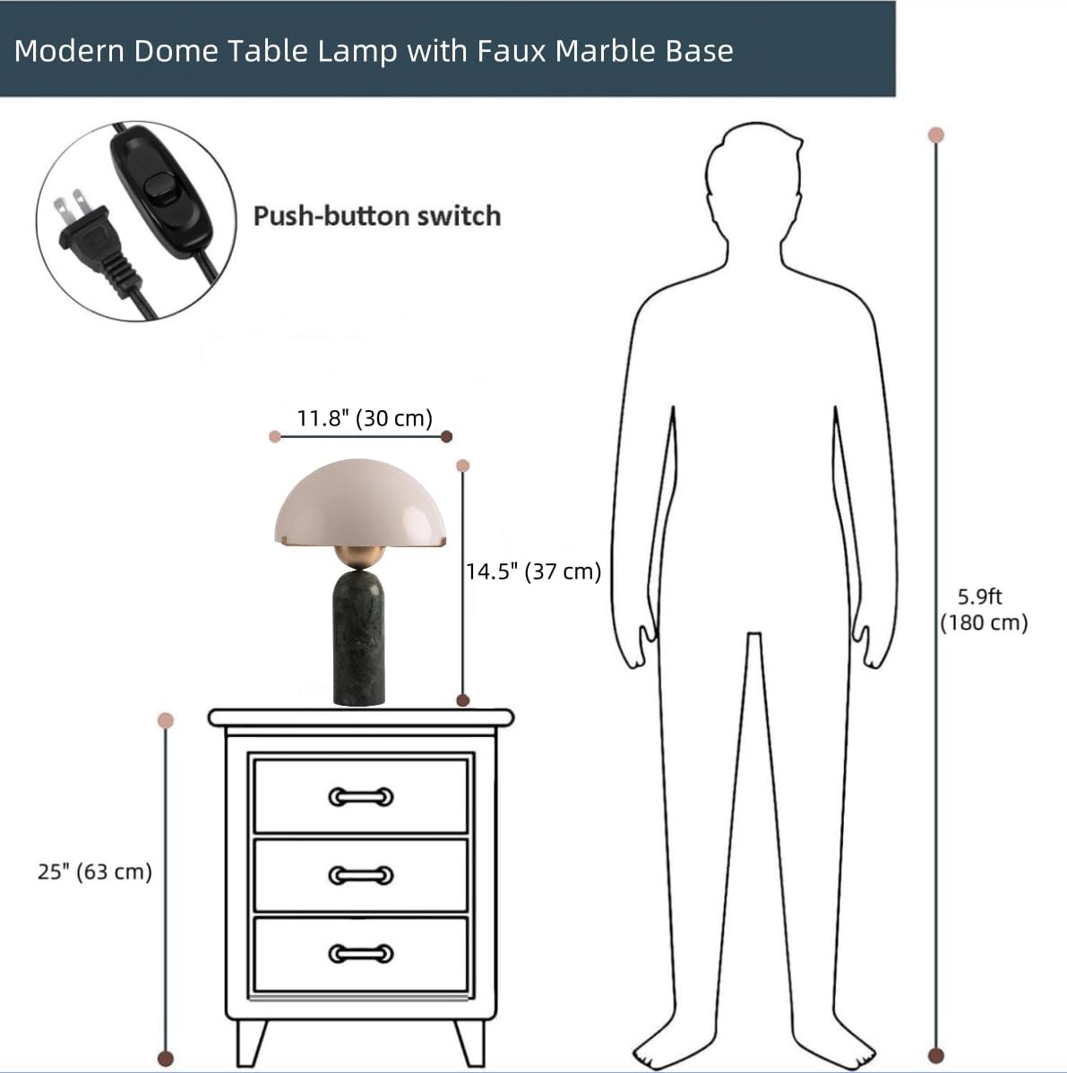 Modern Dome Shaped Table Lamp Mid-Century Accent Lamp Black Marble Desk Lamp Contemporary Living Room Side Lamps Bedroom Bedside Nightstand Light with Frosted Glass Shade