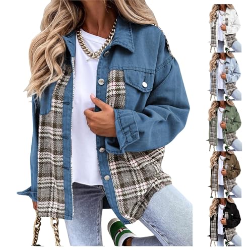 Womens Jean Jacket Plaid Long Sleeve Denim Shacket Jackets Casual Button Down Jean Coats Loose Fit Boyfriend Shirts4