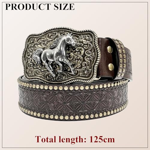 Western Horse Buckle Belt, Vintage Faux Leather Cowboy Belt Floral Engraving Retro Western Style Waist Belt2