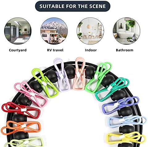Travel Washing Line, Portable Washing Line with 12 Colorful Clothes Clips for Camping Travel Clothes Laundry Drying Outdoor, Outdoor Camping Accessories