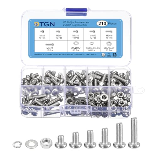 DTGN Kit Surtido de 210 Tornillos de Máquina, Cabeza de Cruz Phillips, Tuercas y Pernos, Surtido de Pernos Métricos M5x6/8/10/12/16/20mm, Acero Inoxidable 304 con Arandelas