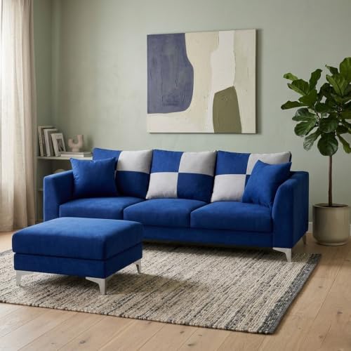 Image of Romeo Rich 4 Seater L Shape Sofa Set with Movable Ottomans | Flexible Layout | Velvet Suede Fabric | Golden Aesthetic Legs | Modern Sofa for Living Room (Dark Blue)