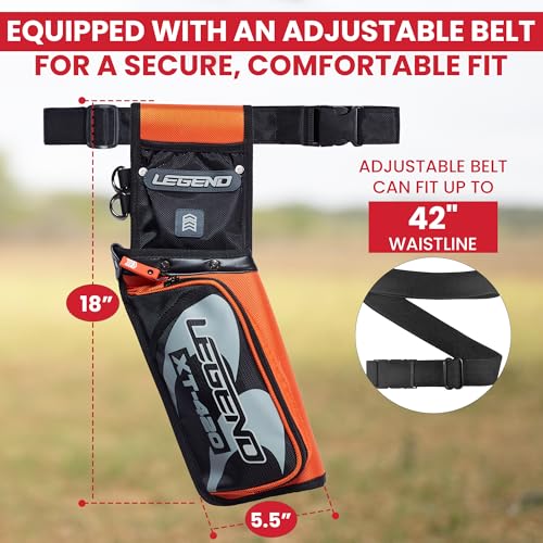 LEGEND XT420 Arrow Quiver - Quiver Arrow Holder, Archery Quiver with 3 Arrow Tube, Durable Nylon Hip Quivers with Multiple Pockets for Archery Accessories, Score Card & Tools - Right Handed, Orange