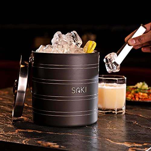 Image of SAKI Stainless Steel Ice Bucket with Tong - 1500 ml | Double Wall Insulation | Premium Ice Bucket for Bar & Home | Gray Color | Ring Design, Medium, 1.5L