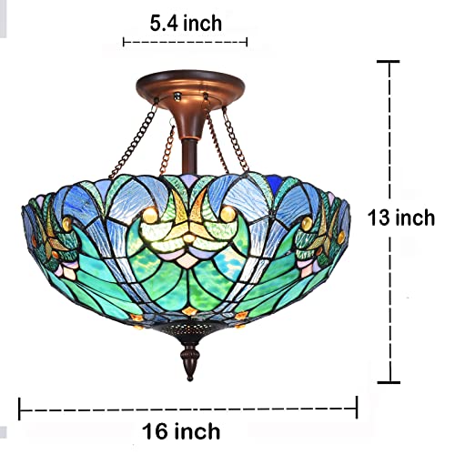COTOSS Tiffany Style Ceiling Light Fixtures 16” Wide Stained Glass Lamp Shade 2-Light Classical Victorian Style Semi Flush Mount Ceiling Light for Hallway Bedroom Kitchen