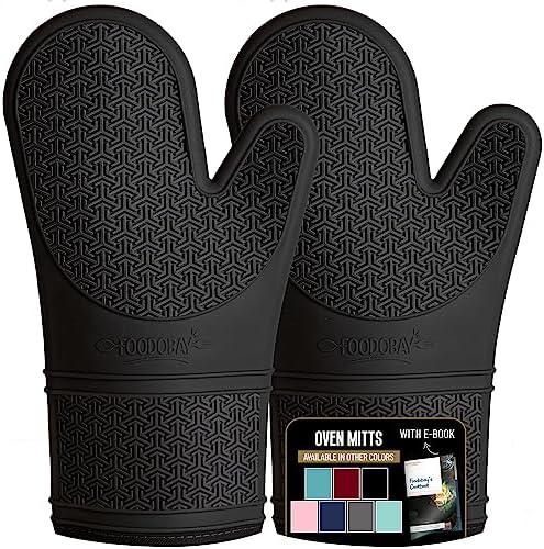 Foodobay Silicone Oven Mitts - 12.5” Jet Black Oven Mitts Heat Resistant 500F - Grippy Design,Soft Lining Silicone Oven Gloves - Oven Mits Set for Cooking Baking Kitchen Mittens Pot Holders Set of 2