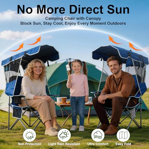 Image of Romswi Folding Canopy Beach Camping Chairs for Adult 2 Pack, Portable Outdoor Chairs with Sunshade,Cup Holder & Side Pocket for Camping, Fishing, Beach, Backyard, Navy