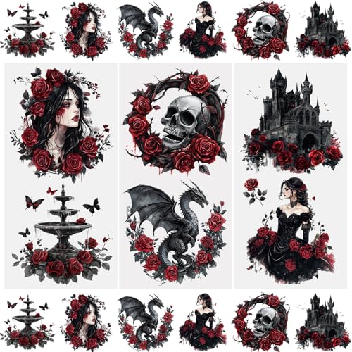 WANDIC 3 hojas de calcomanías de transferencia para frotar, diseño retro oscuro, impermeables, para muebles, manualidades, diarios de basura para álbumes de recortes, 15 x 30 cm