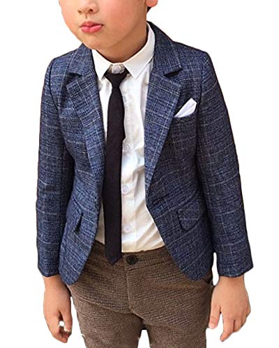 Jungen Kinder Blazer Slim Fit Lange Ärmel Plaid Revers Tasche Knopf Formal Jacke Marineblau 90 Cover