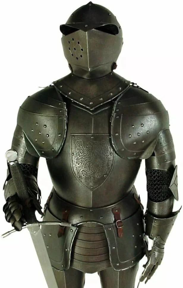 Crusader Full Body Armour Knight Wearable Suit, Medieval Combat Costume with Sword and Display Stand Antique Silver