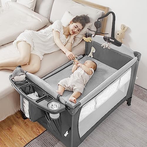 5-in-1 Pack and Play,Baby Bassinet Bedside Sleeper,Grey