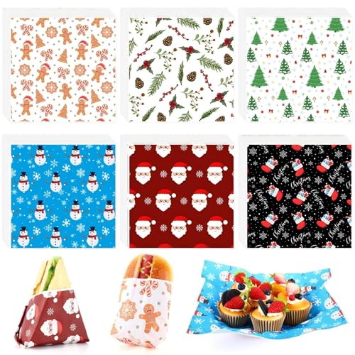 600 Pcs Christmas Theme Wax Paper Sheets 12 x 12 Inch Parchment Deli Tissue Paper Sandwich Wrapping Sheets Food Basket Liners for Kitchen Restaurant Baking Supplies, 6 Styles